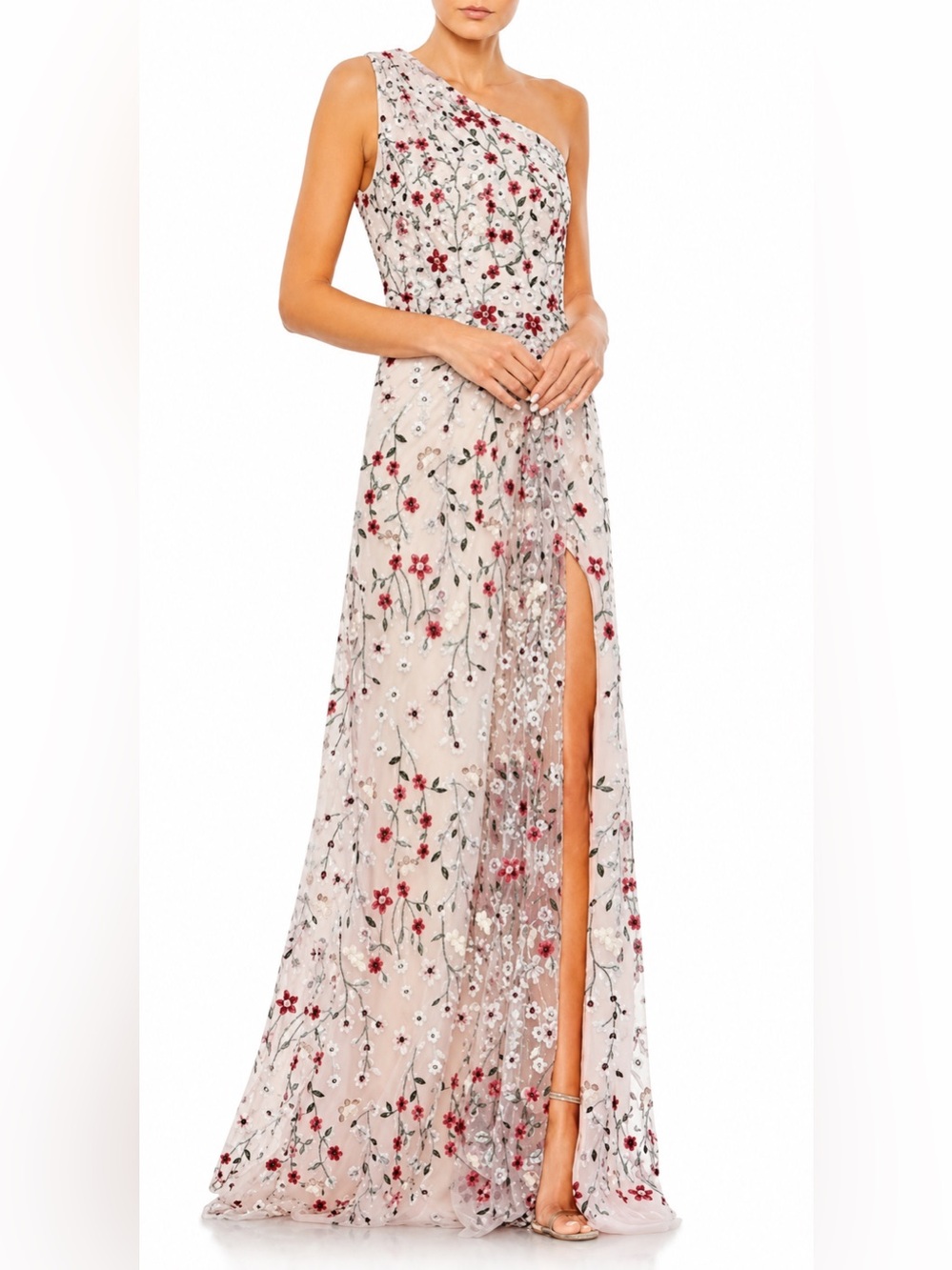 Mac Duggal Blush Pink One-Shoulder Floral Embroidered Gown